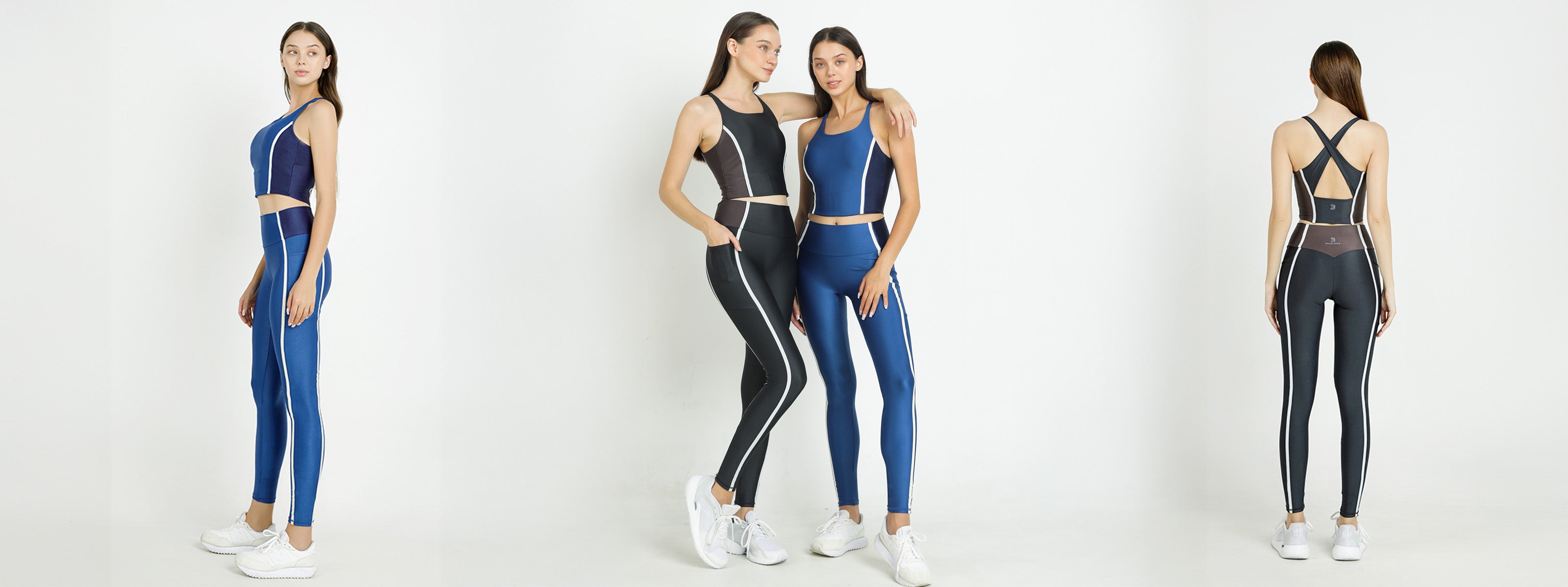 ビーブルーム(BEABLOOM)のスキニーラインセットアップを着用した女性モデルのコレクション画像。ネイビーとブラックの2色展開で、サイドラインがスタイルを引き締めるデザイン。クロスバックデザインのスポーツブラとハイウエストレギンスのセットアップで、ヨガやピラティス、トレーニングに最適な動きやすさとサポート力を兼ね備えたウェア。