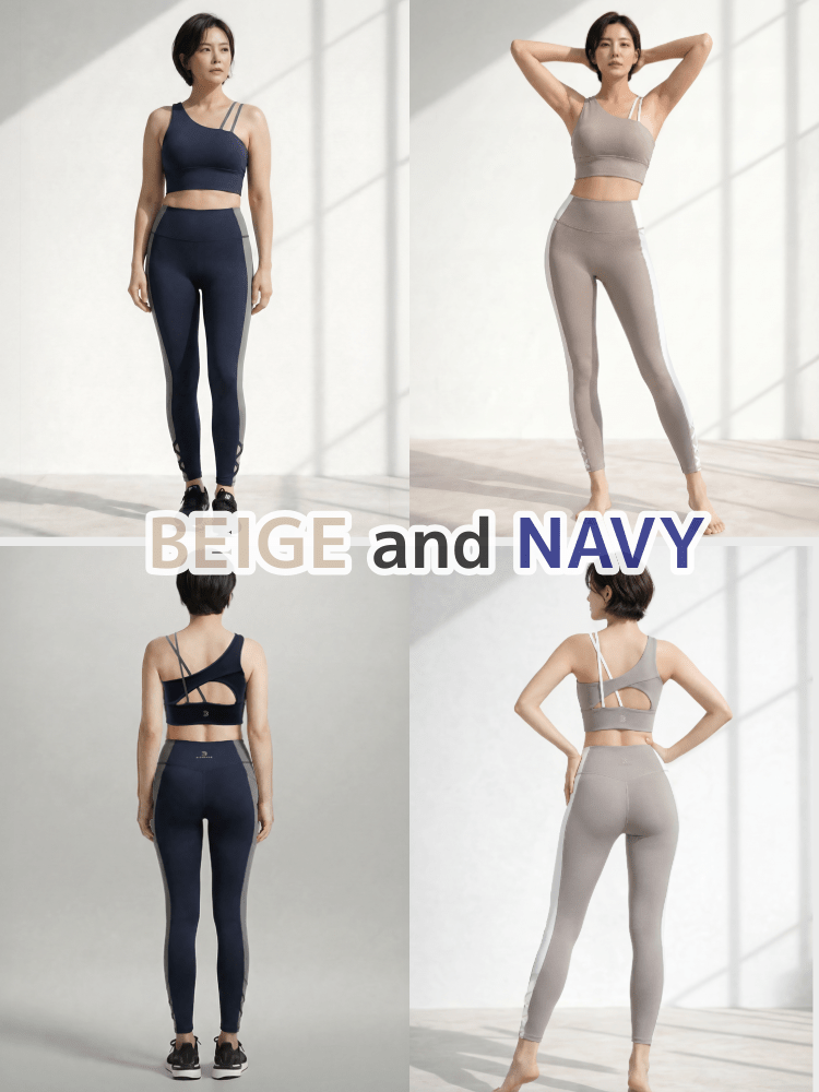 グレーとネイビーのヨガウェアセットアップ着用イメージ - スポーツブラとレギンス